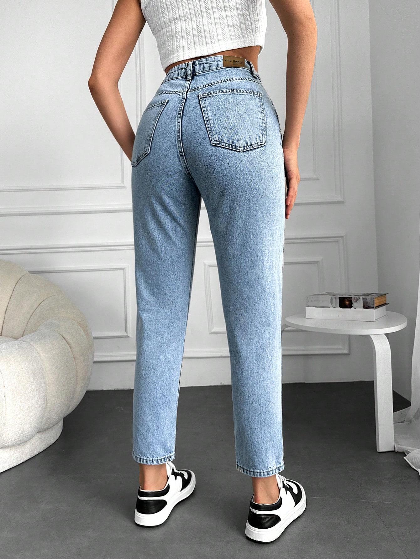 marmurkowe spodnie mom jeans kieszenie high waist