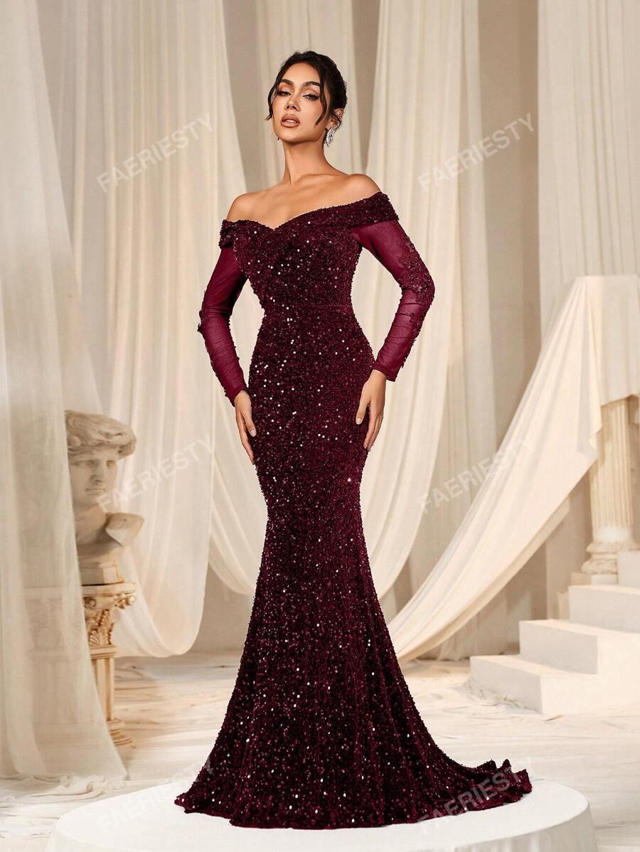 bordowa maxi sukienka cekiny