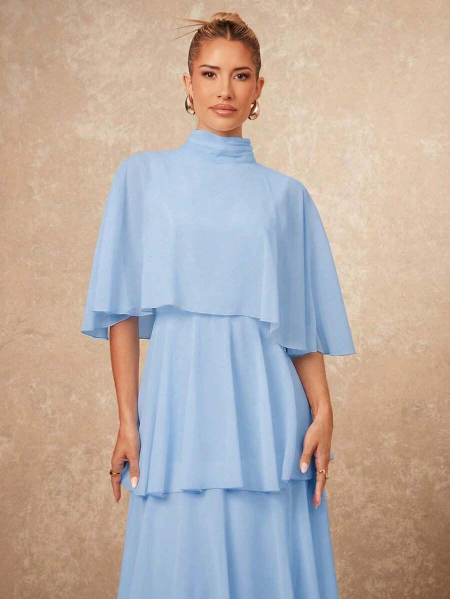 niebieska maxi sukienka stójka