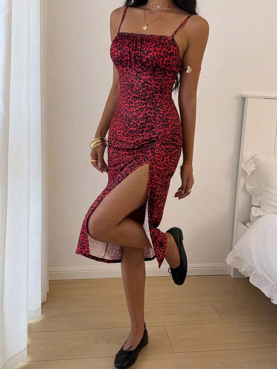 sukienka na ramiączkach animal print rozcięcie