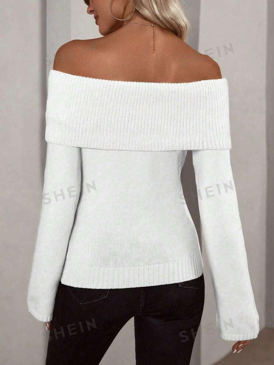 BIAŁY DZIANINOWY SWETER ODKRYTE RAMIONA