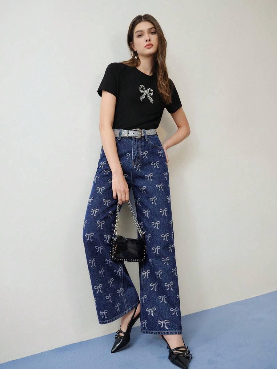 spodnie jeans wysoki stan zdobienie kokarda 