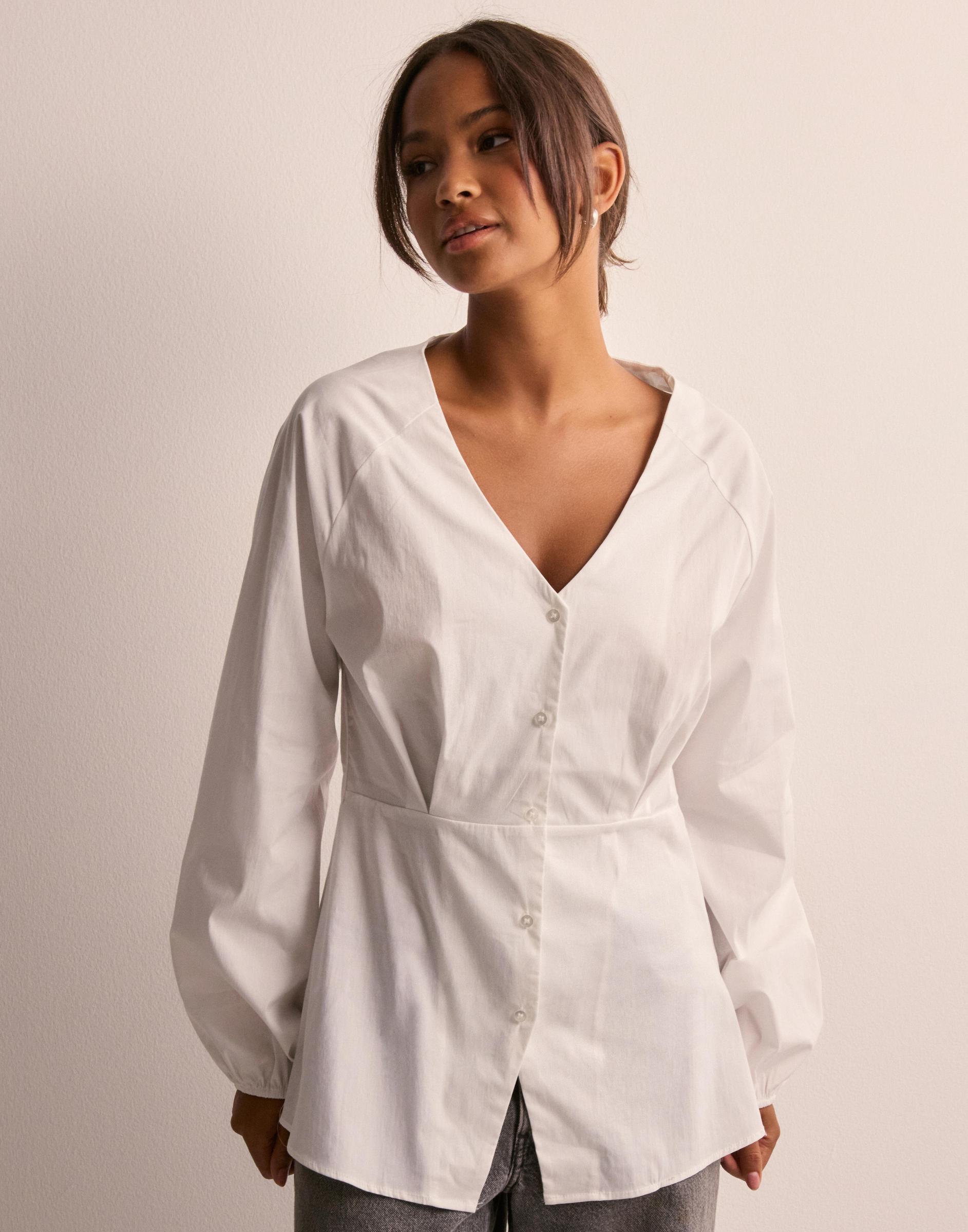 biała koszula v-neck długi rękaw marszczenie