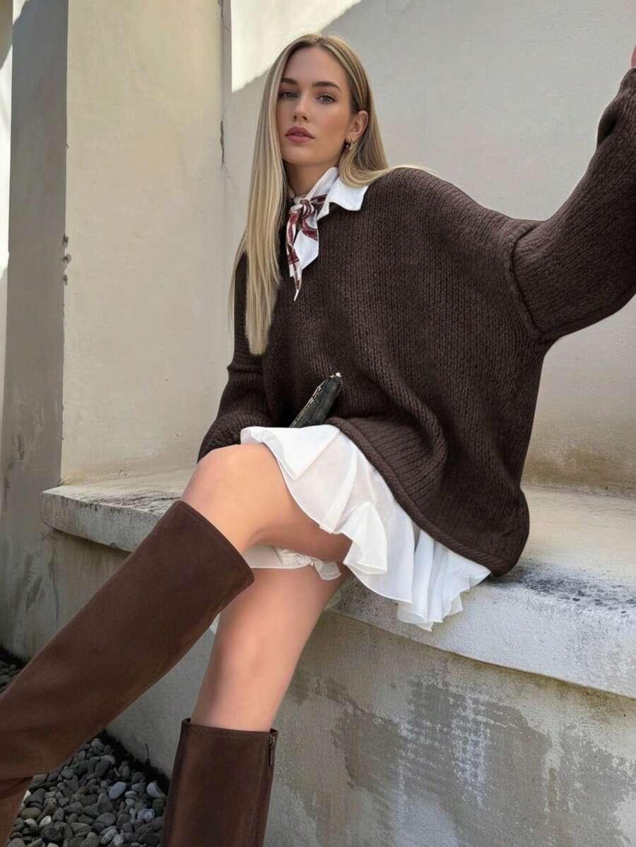 BRĄZOWY SWETER DZIANINA 