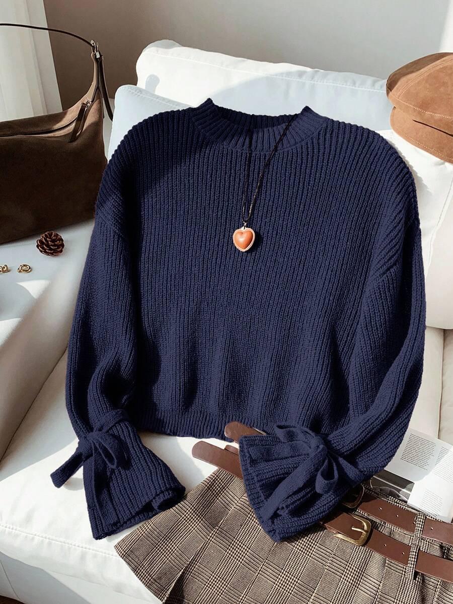 GRANATOWY DZIANINOWY SWETER 
