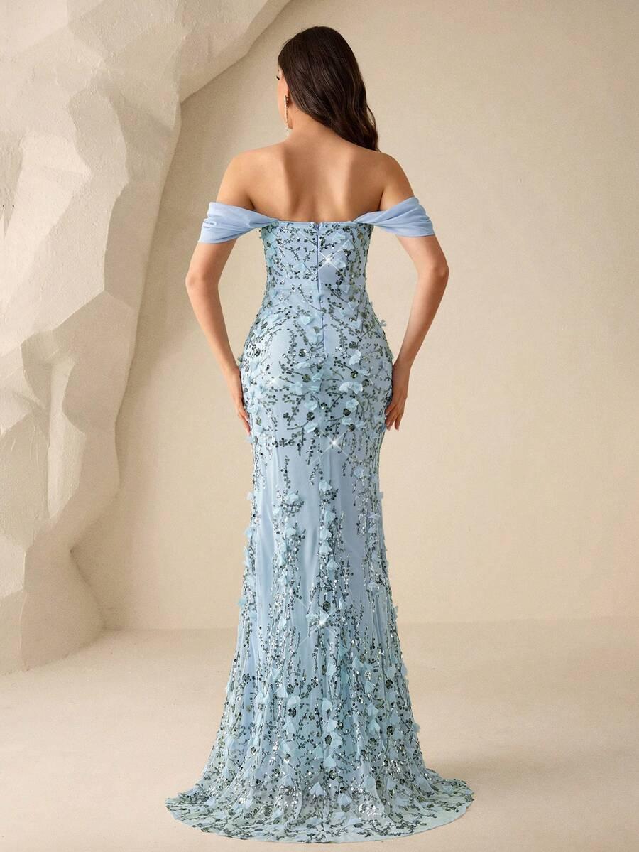 niebieska maxi sukienka zdobienie
