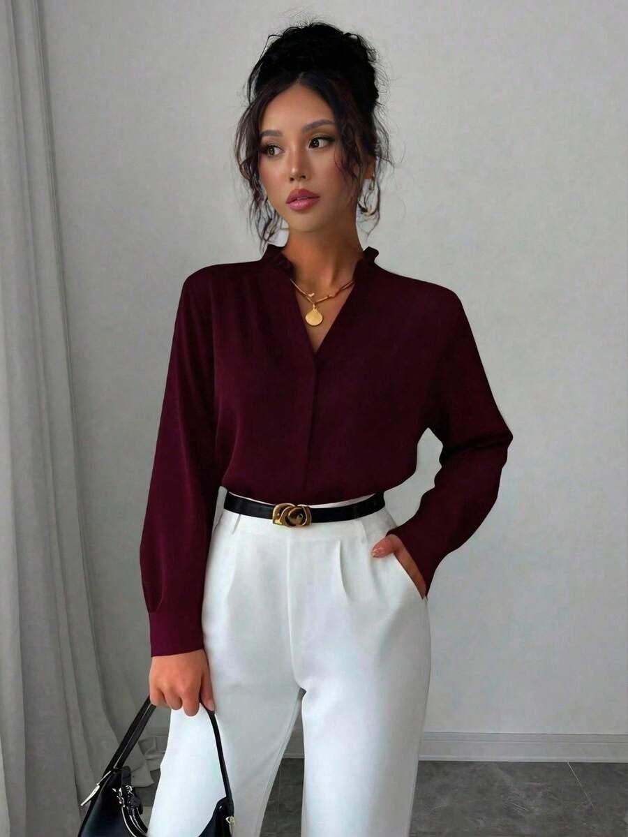 bordowa bluzka v-neck