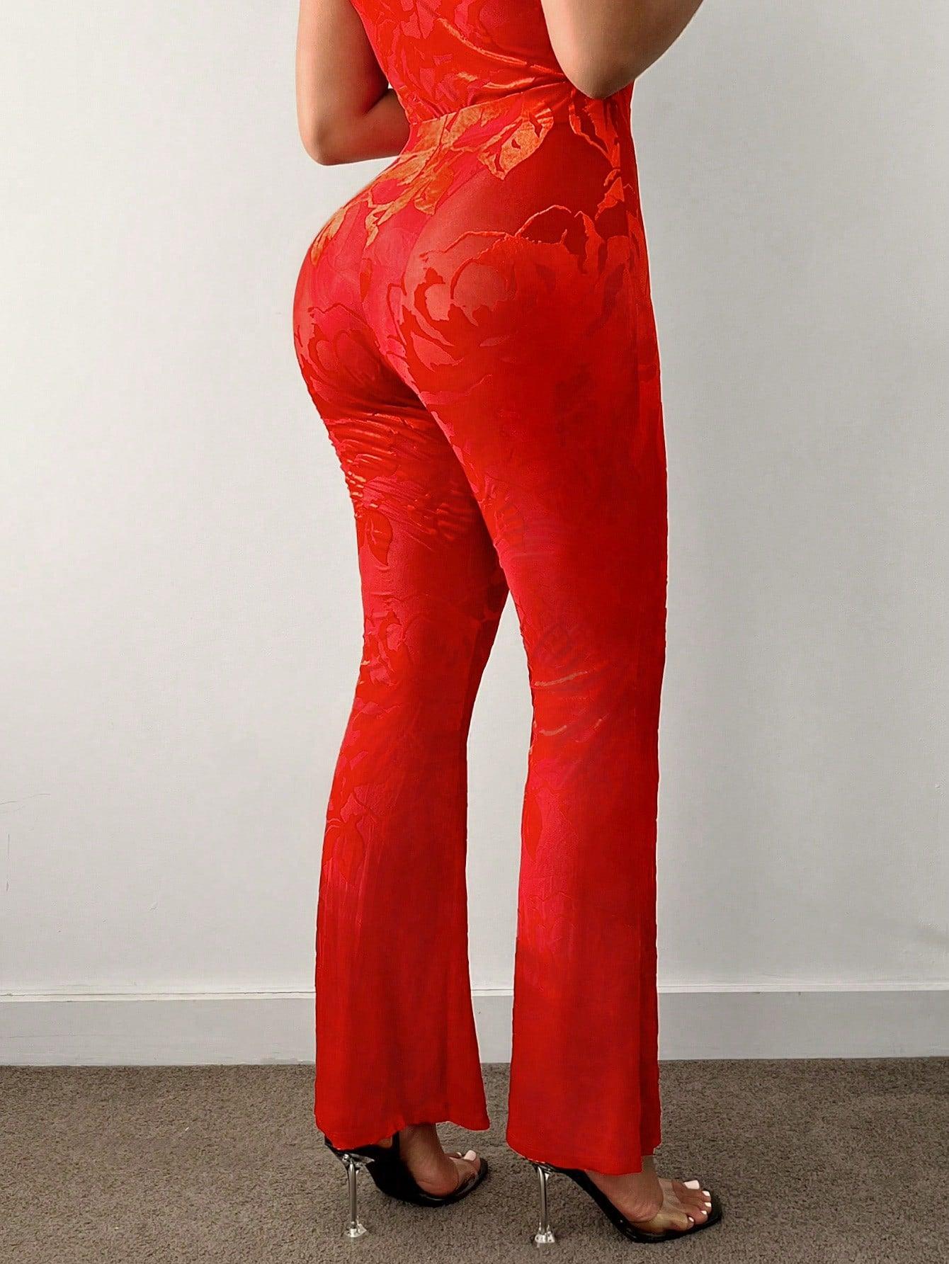 żakardowe czerwone spodnie z gumką w pasie siateczka