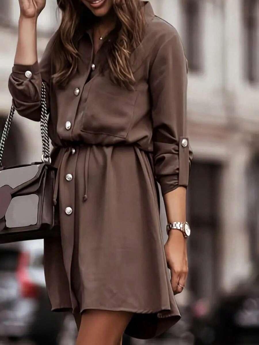 koszulowa brązowa mini sukienka długi rękaw