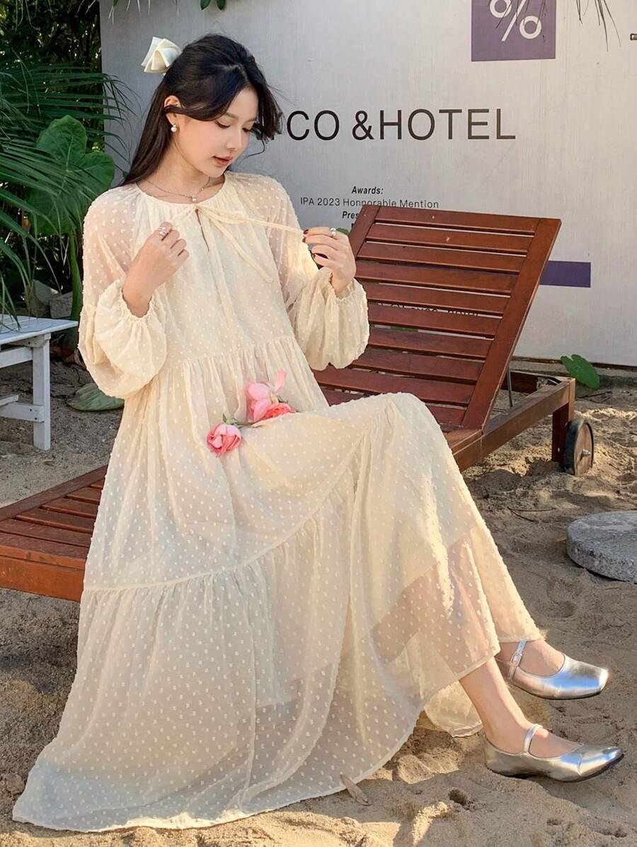 BOHO MIDI SUKIENKA Z WIĄZANYM DEKOLTEM I DŁUGIM RĘKAWEM
