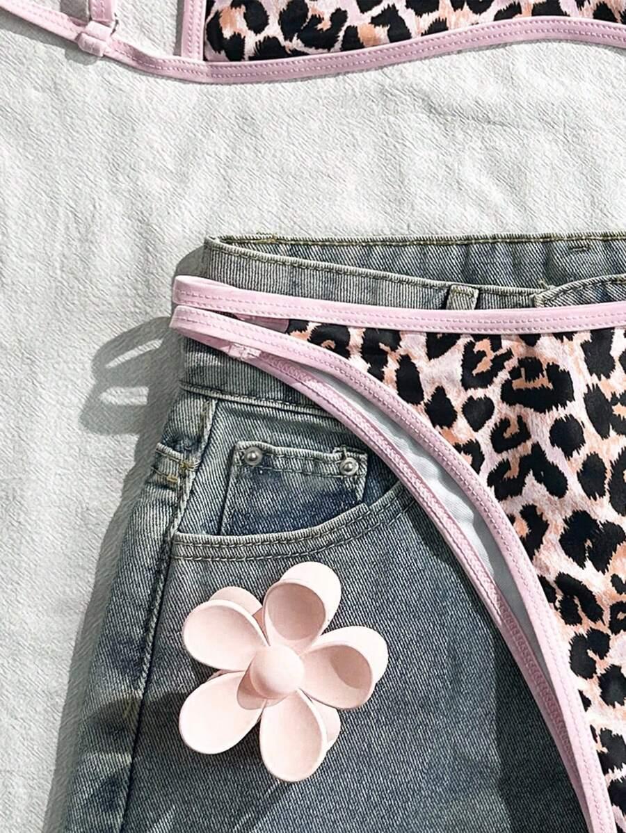 KOMPLET BIKINI W PANTERKĘ RÓŻOWA LAMÓWKA