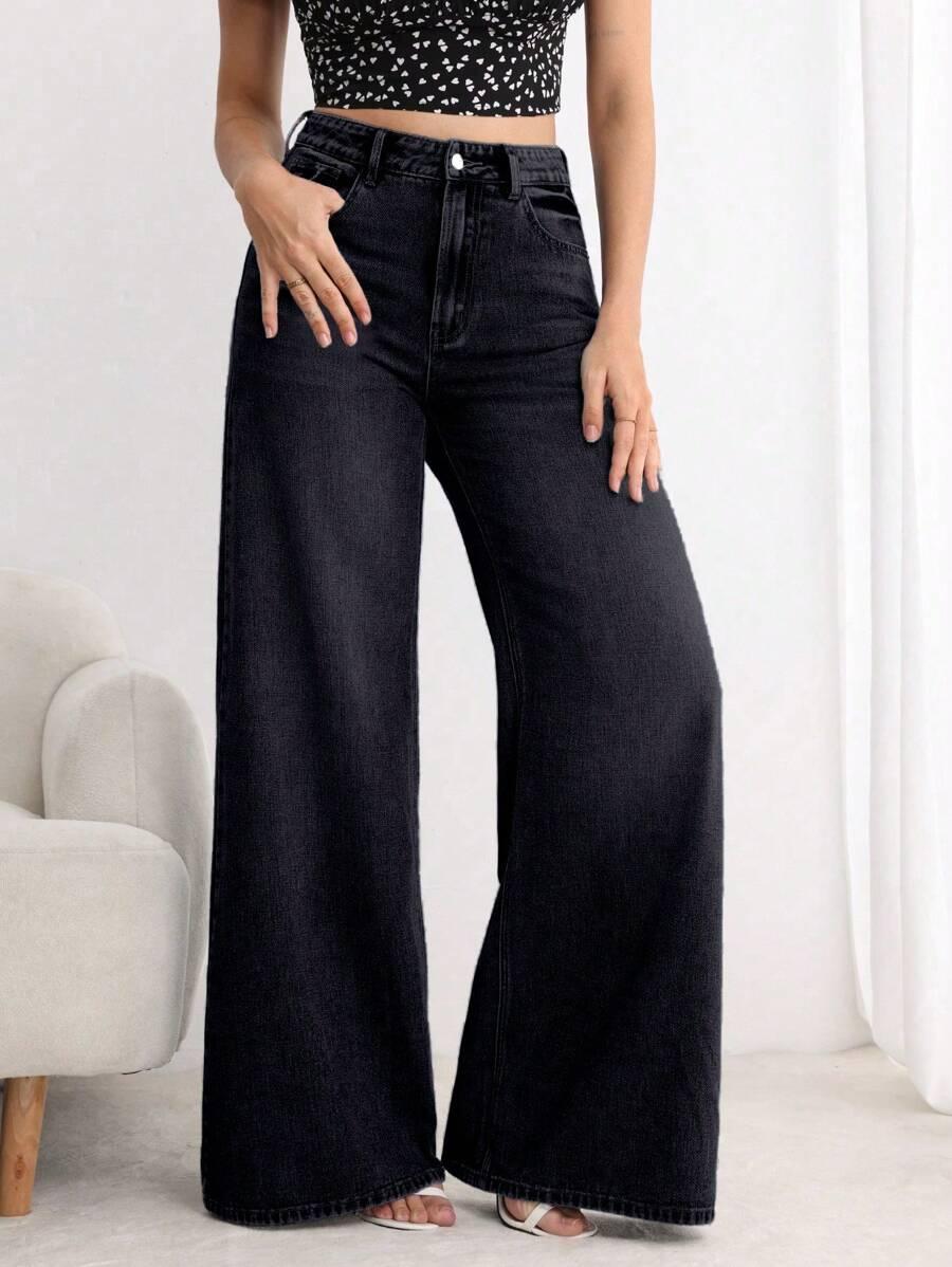 CZARNE SPODNIE JEANS SZEROKA NOGAWKA