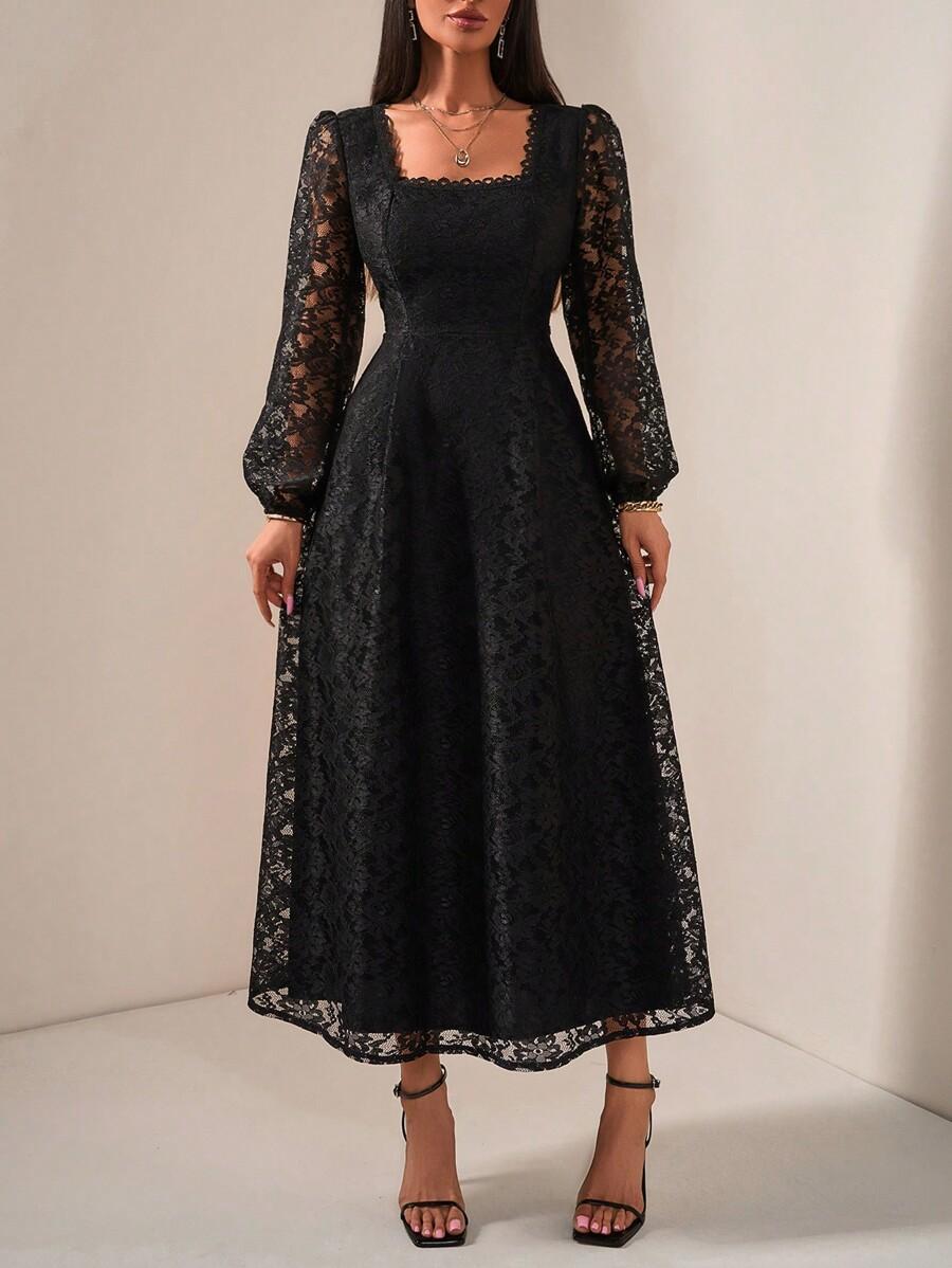 CZARNA MIDI SUKIENKA KORONKA DŁUGI RĘKAW
