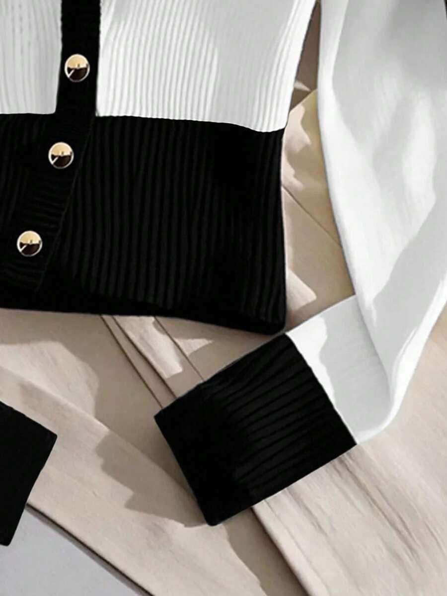 bluzka guziki v-neck kontrast
