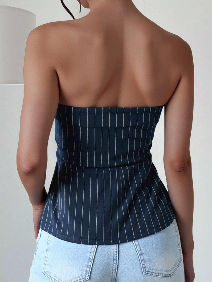 GRANATOWY TOP TUBA W PASKI REGULAR FIT