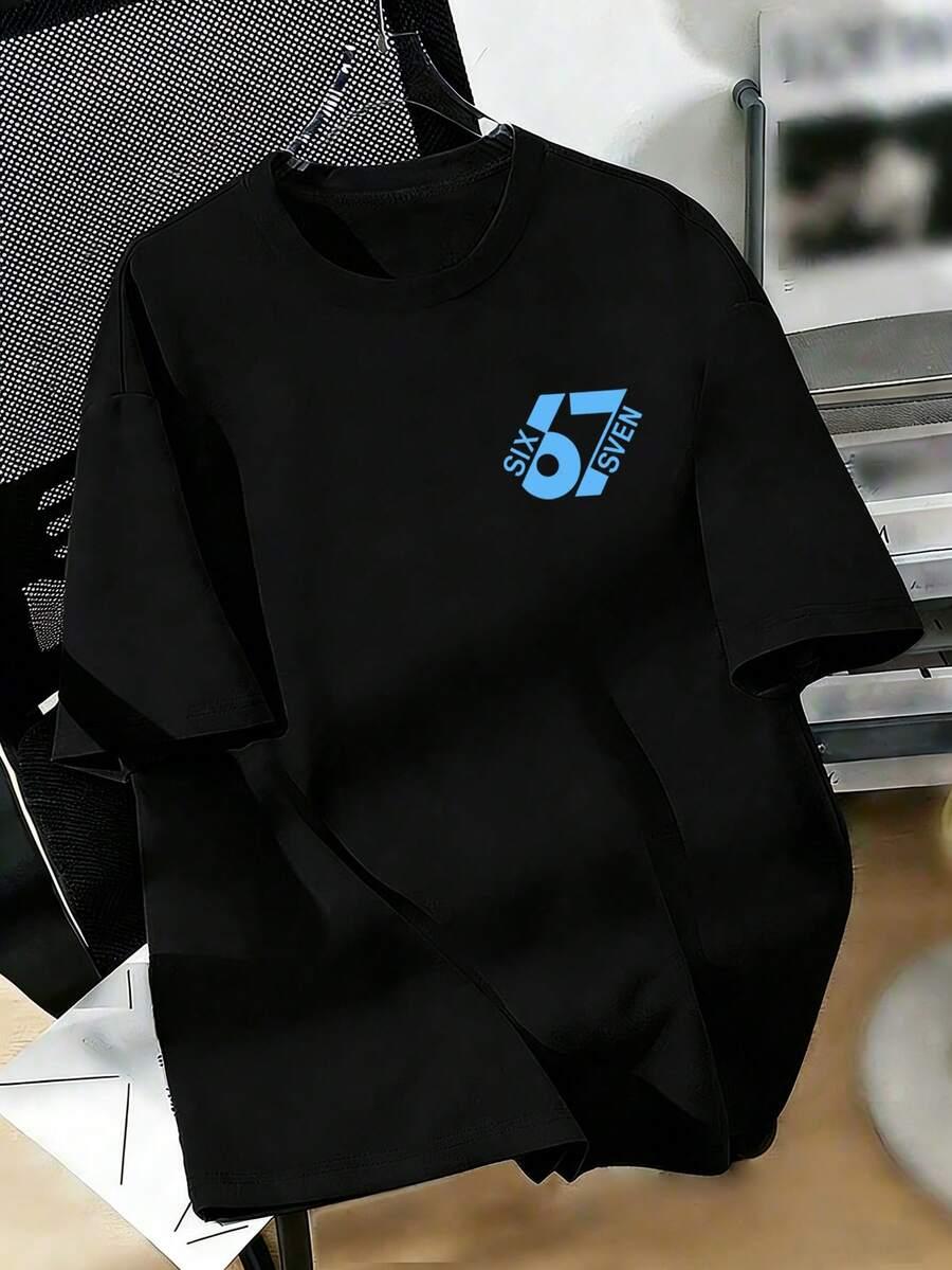 CZARNY T-SHIRT PRINT OKRĄGŁY DEKOLT