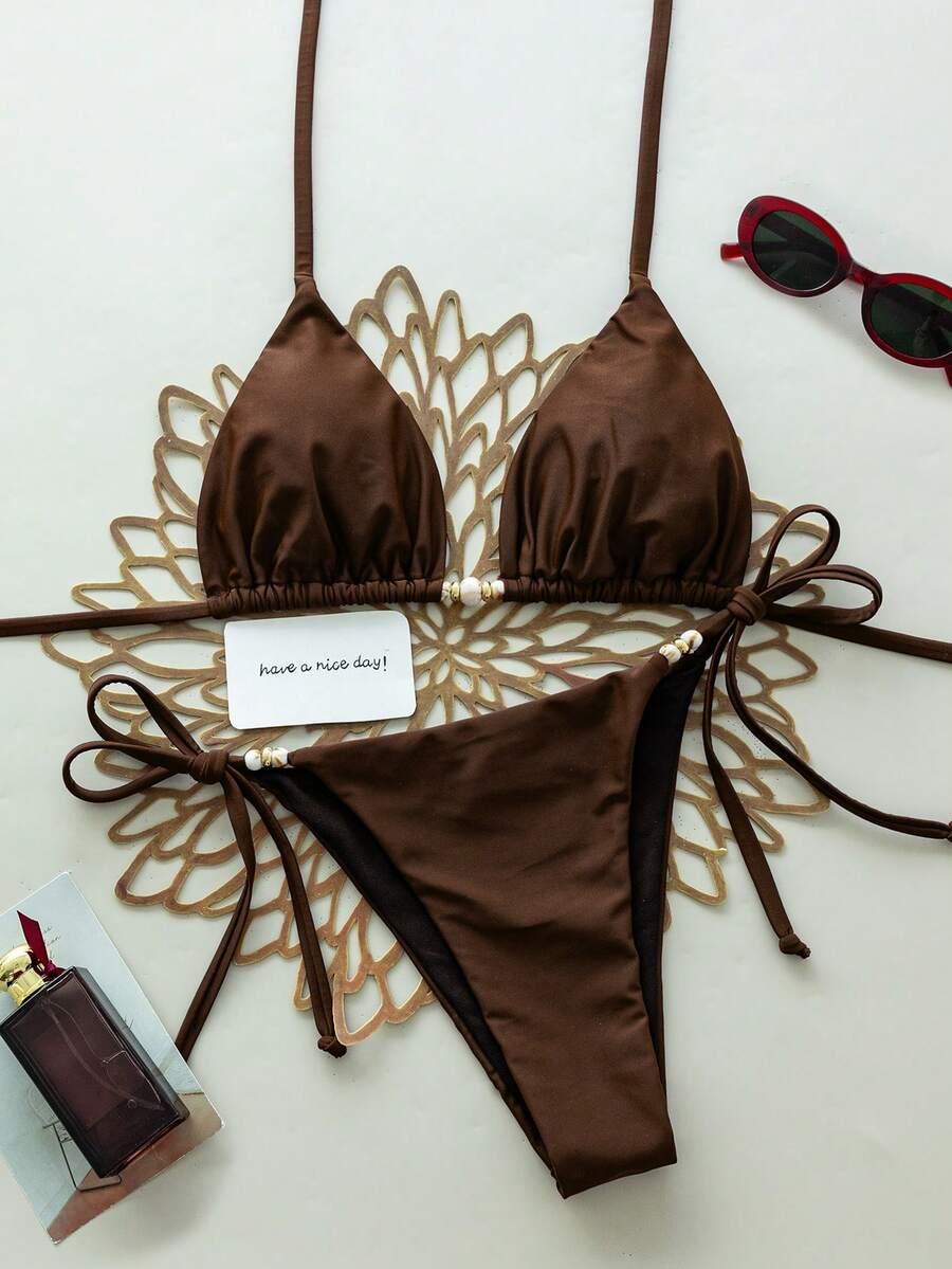 brązowy komplet bikini wiązanie