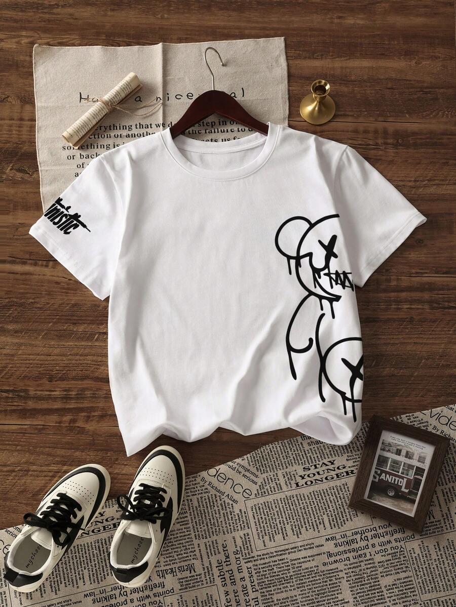 BIAŁY T-SHIRT OKRĄGŁY DEKOLT NADRUK
