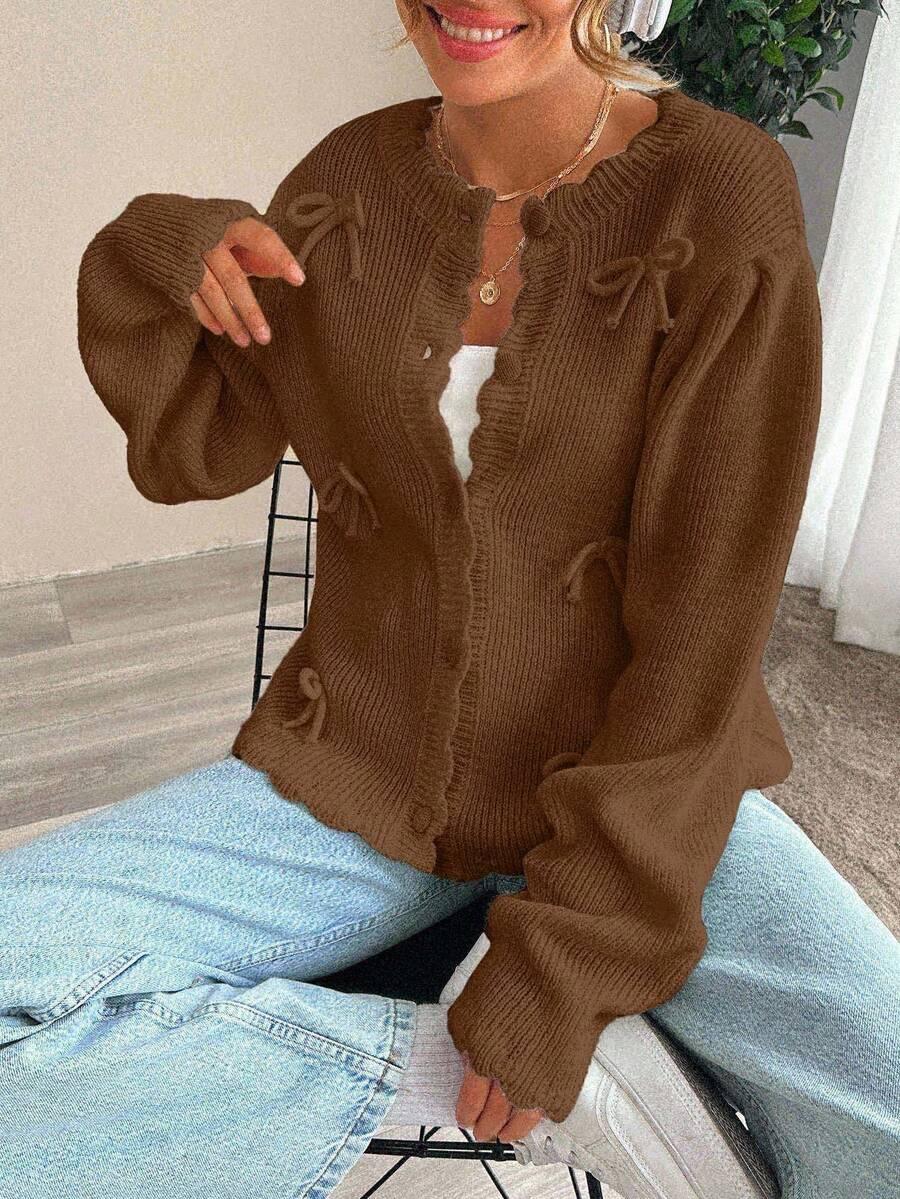 rozpinany brązowy sweter kokardki