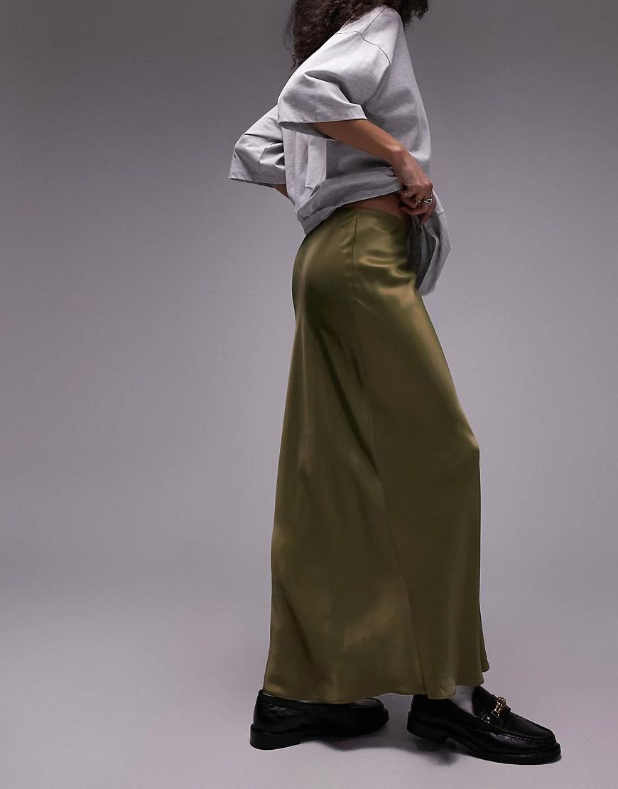 khaki maxi satynowa spódnica z wysokim stanem