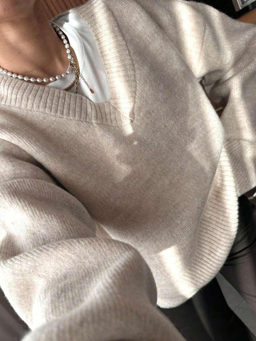 BEŻOWY DZIANINOWY sweter v neck 