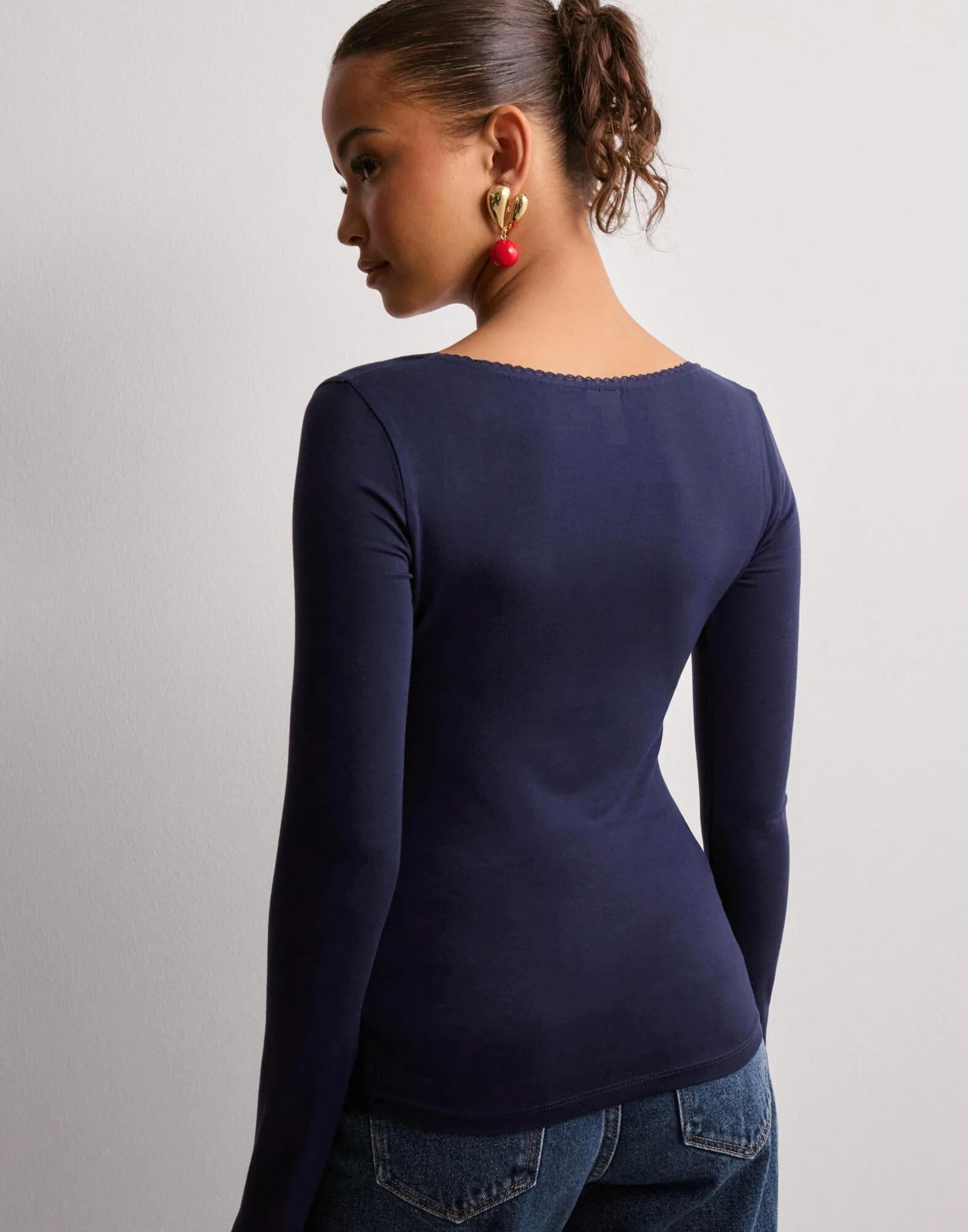 GRANATOWA BLUZKA WISKOZA DŁUGI RĘKAW WSTAWKA KORONKA