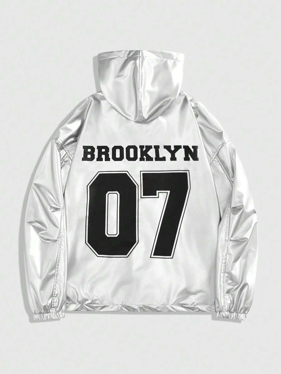 srebrna kurtka z kapturem napis brooklyn