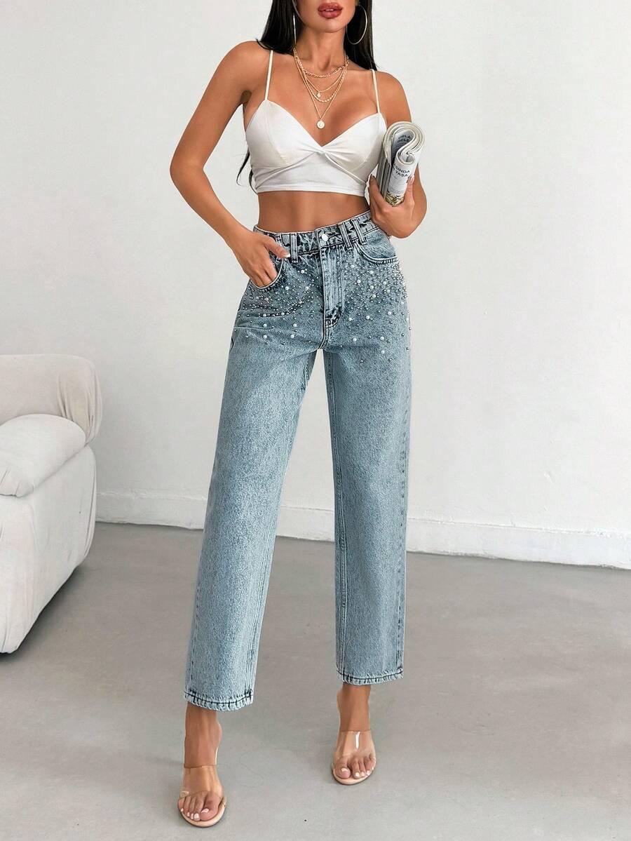 NIEBIESKIE JEANSY ZDOBIENIE