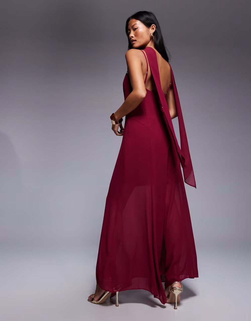 bordowa maxi sukienka na ramiączkach v-neck