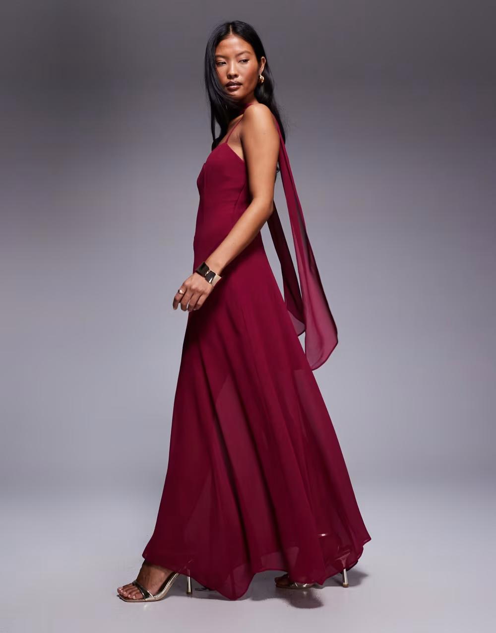 bordowa maxi sukienka na ramiączkach v-neck