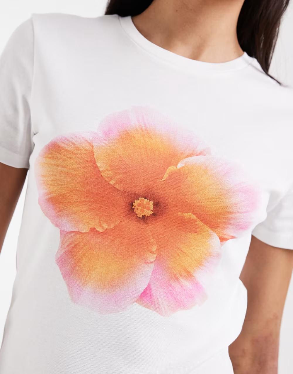 BIAŁY T-SHIRT KRÓTKI RĘKAW NADRUK KWIAT