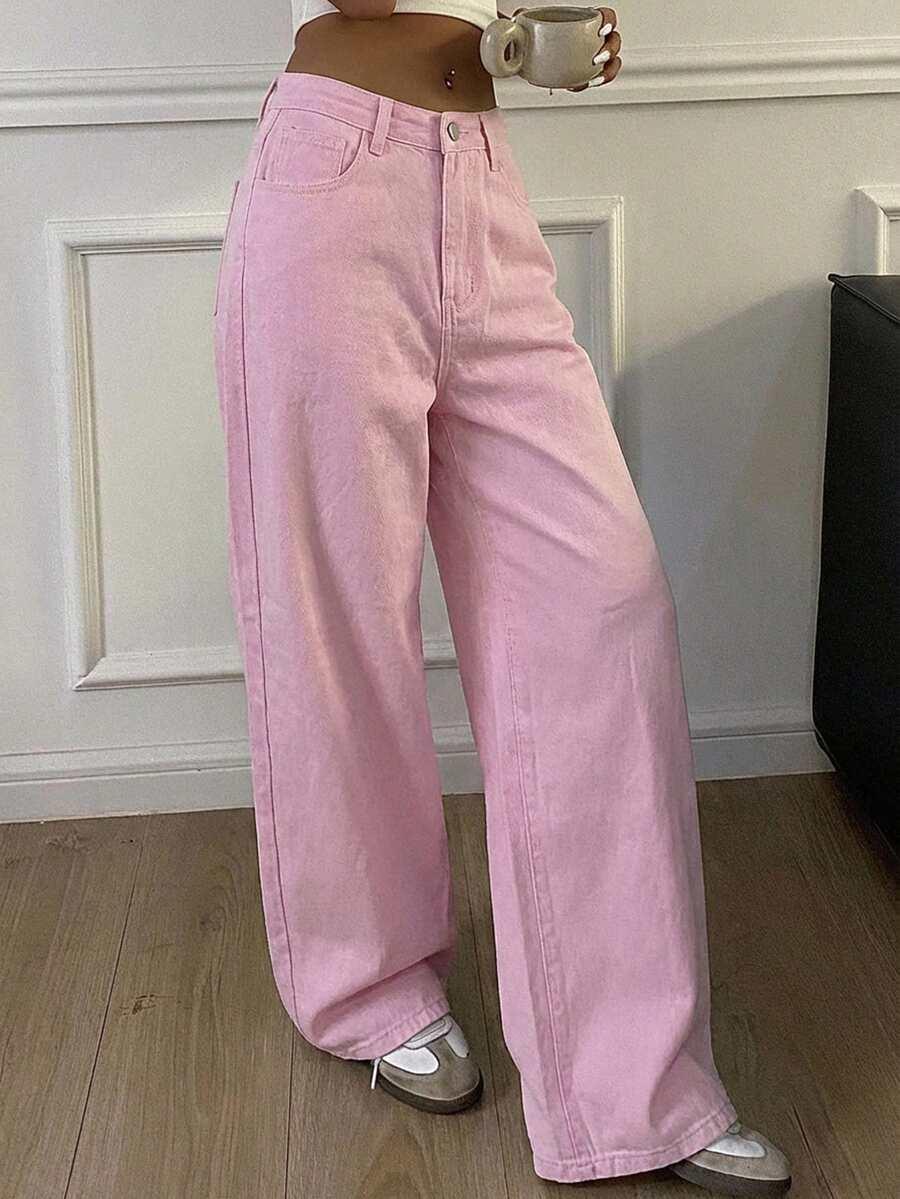 różowe spodnie jeans zamek