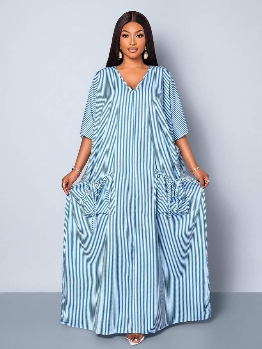 MAXI SUKIENKA WZÓR paski v-neck