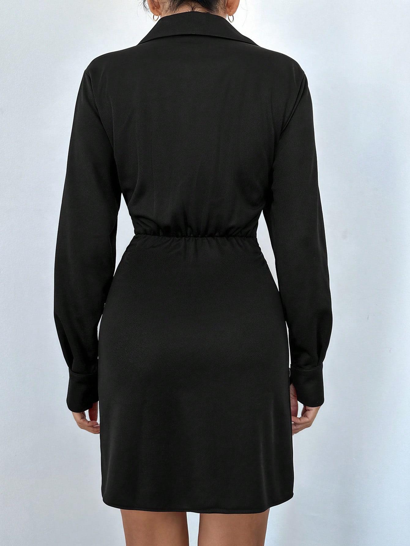 czarna kopertowa mini sukienka marszczenia długi rękaw