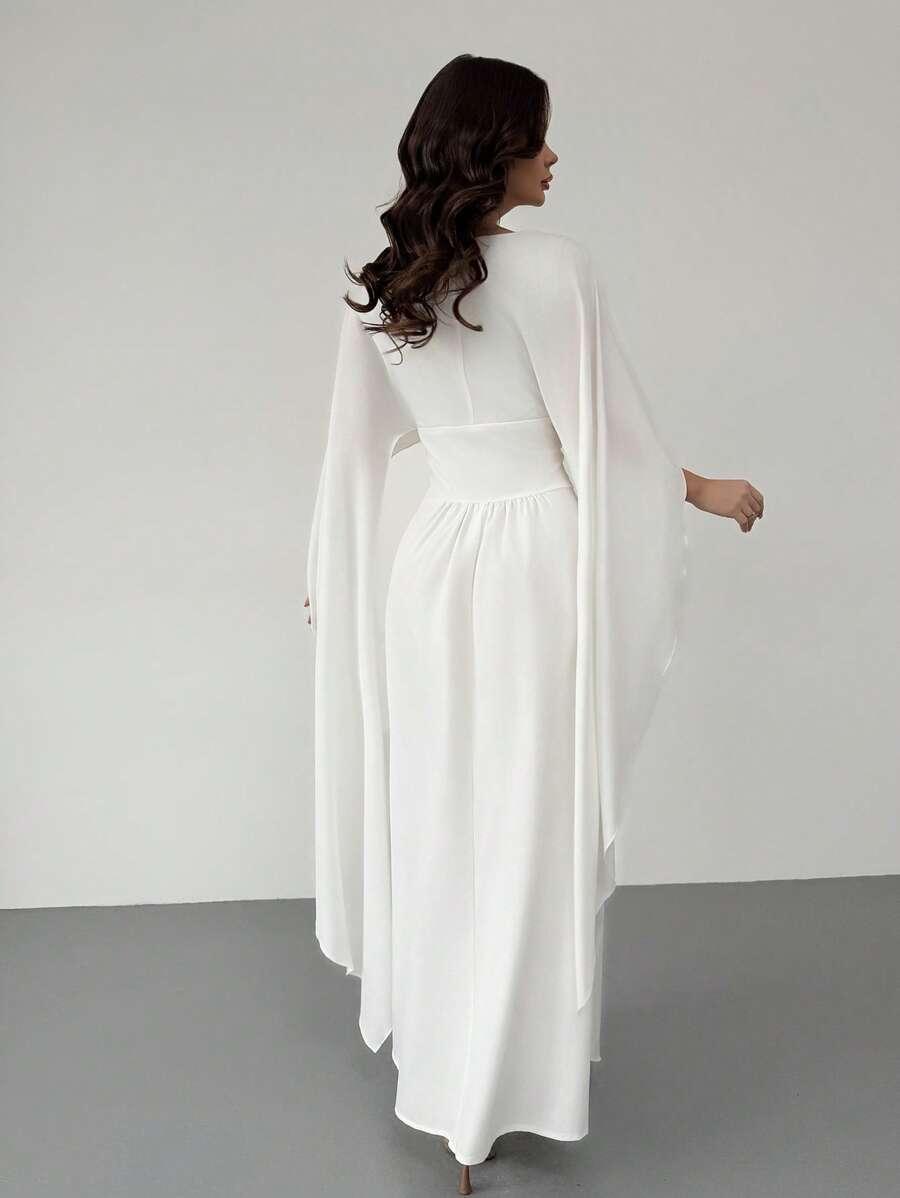 biała maxi sukienka v neck