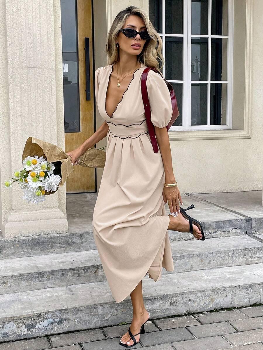 ELEGANCKA SUKIENKA MIDI Z GŁEBOKIM DEKOLTEM 