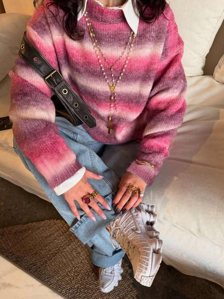 RÓŻOWY SWETER W PASKI domieszka wełny