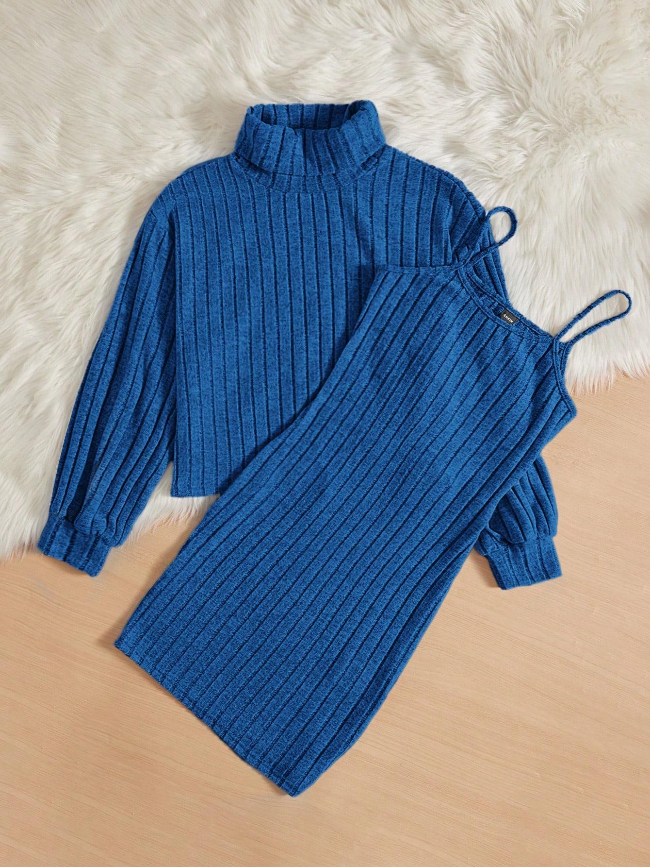 prążkowany niebieskie komplet mini sukienka sweter golf