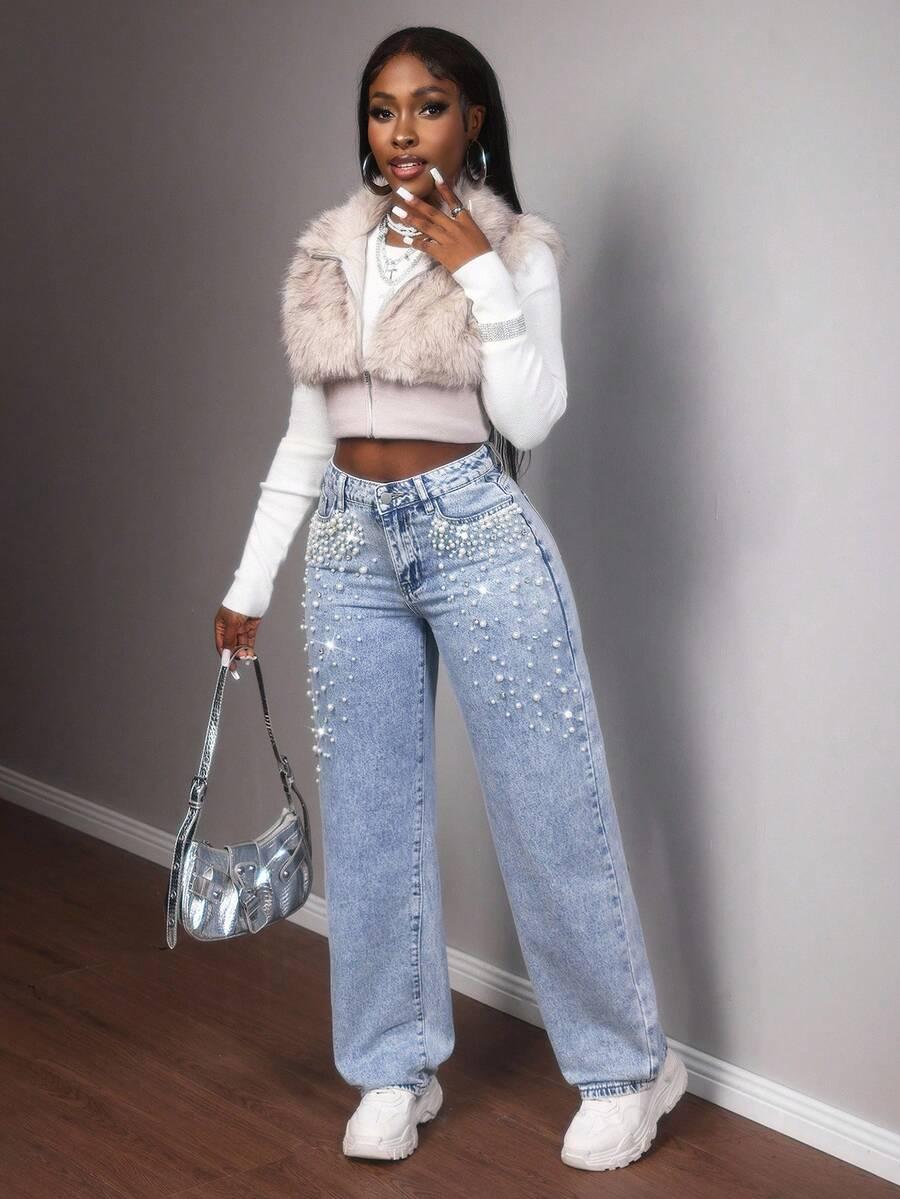 niebieskie spodnie jeans perełki