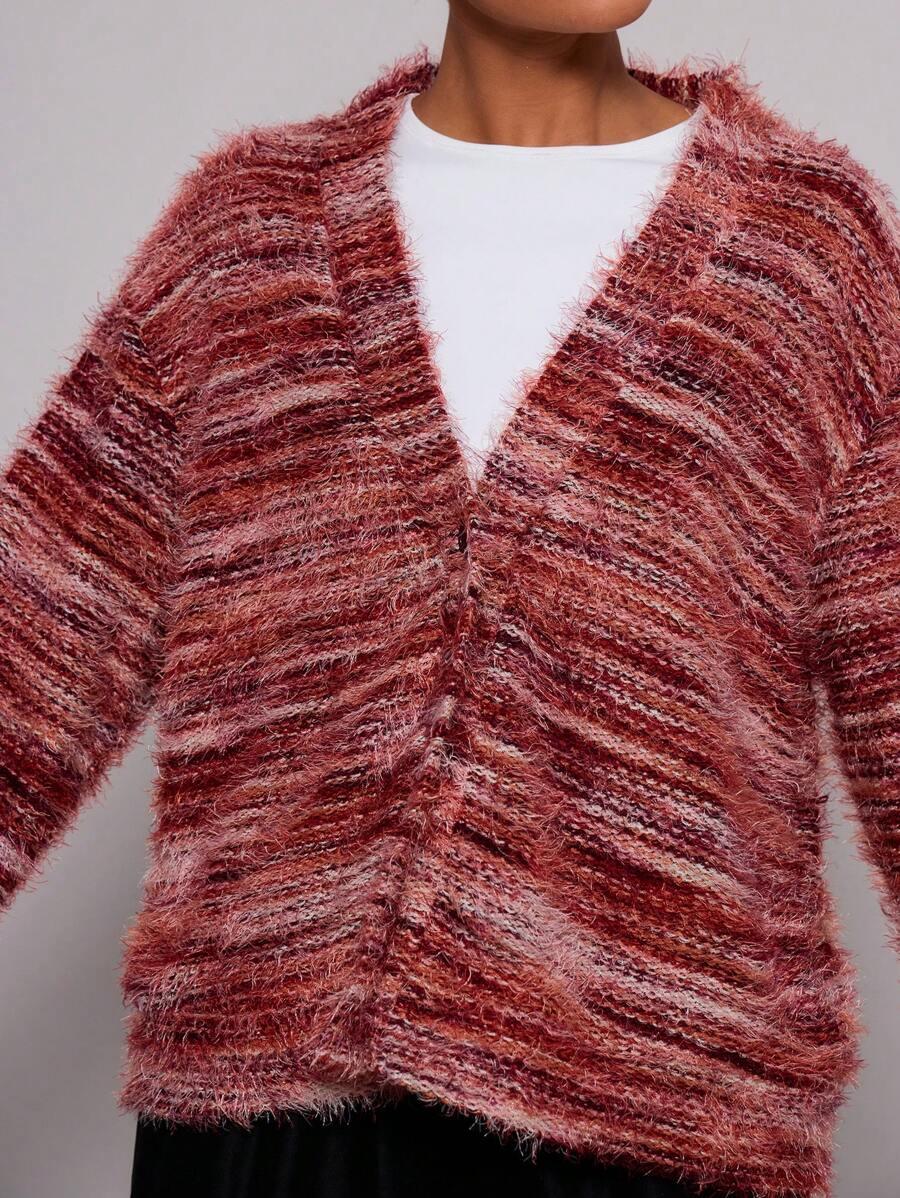 WIELOKOLOROWY DZIANINOWY SWETER GUZIKI