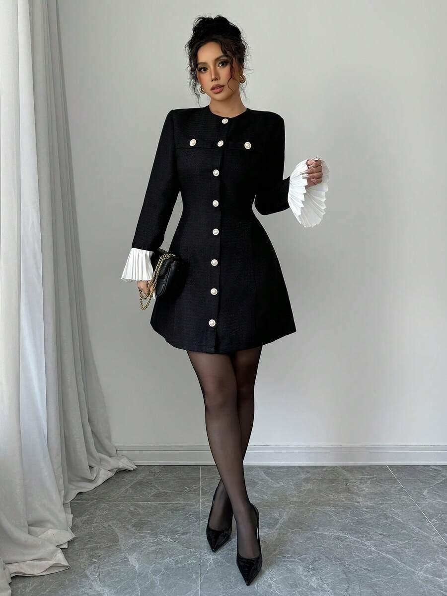 CZARNA MINI SUKIENKA MANKIETY FALBANA