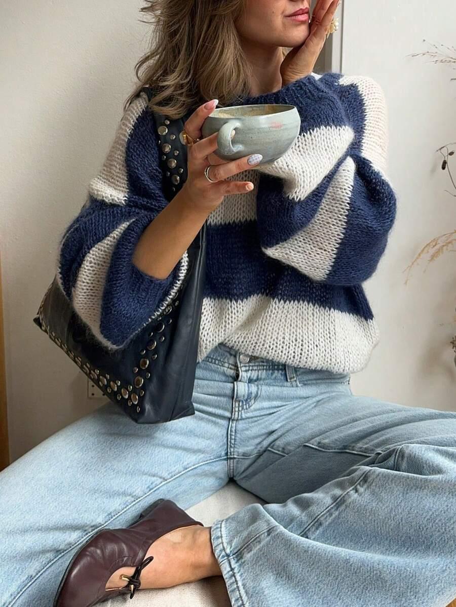sweter w paski z domieszką wełny