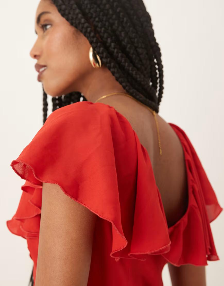 CZERWONA MAXI SUKIENKA V-NECK FALBANY