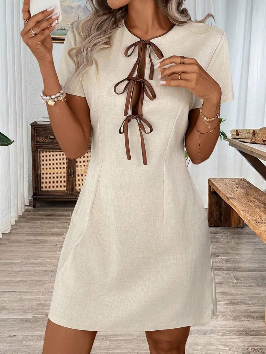 SUKIENKA BOHO OKRĄGŁY DEKOLT KRÓTKI RĘKAW ZAMEK