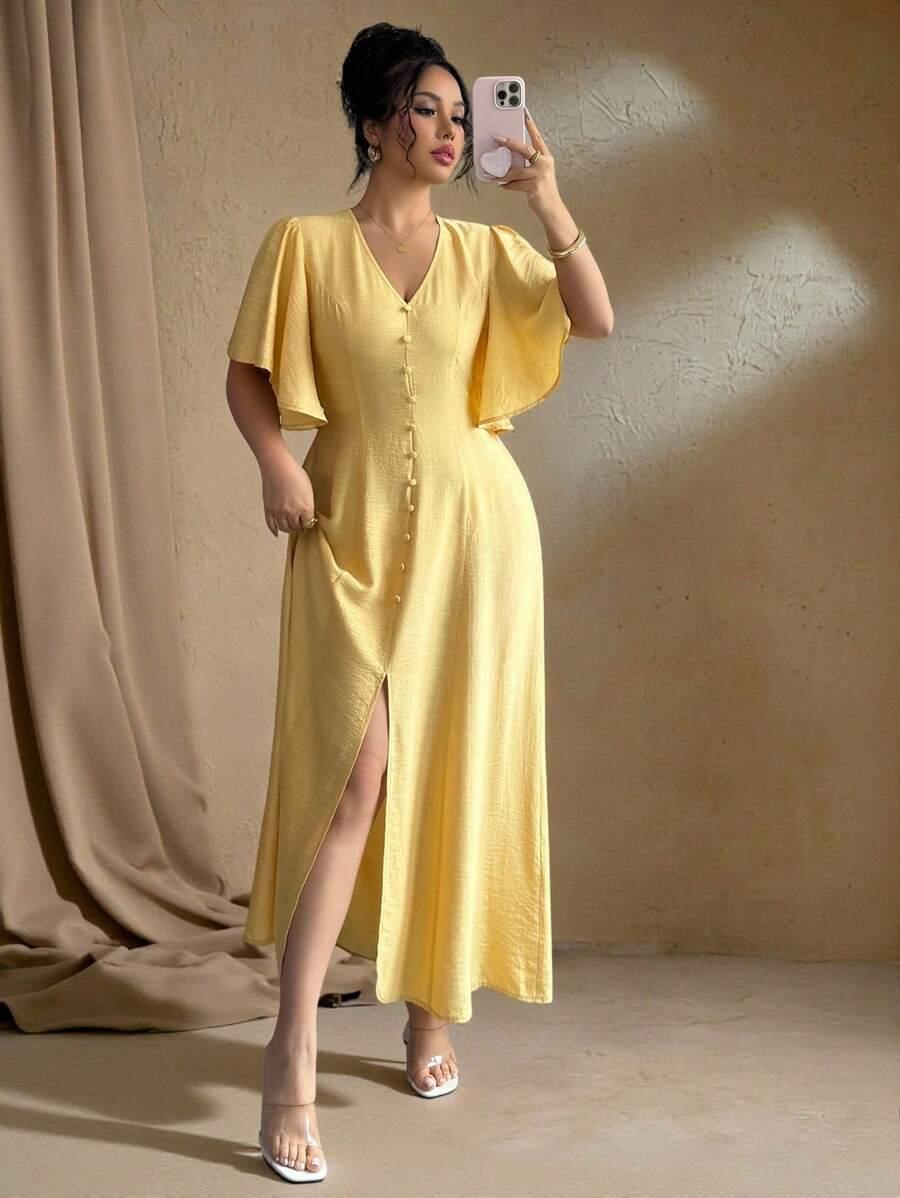 ŻÓŁTA SUKIENKA GUZIKI V-NECK