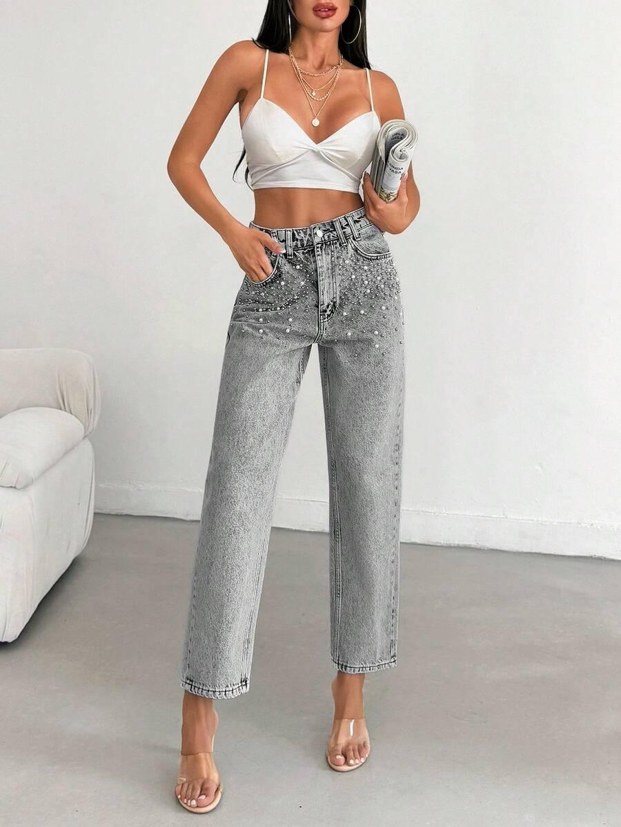 SZARE SPODNIE JEANS ZDOBIENIE