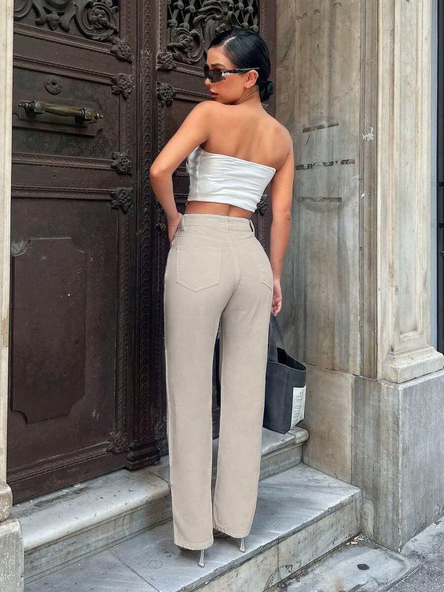 BEŻOWE SPODNIE JEANS WYSOKI STAN