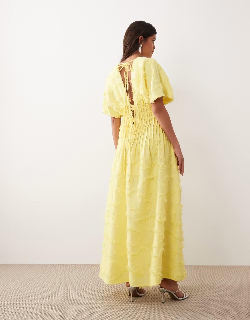 żółta maxi sukienka v-neck tekstura