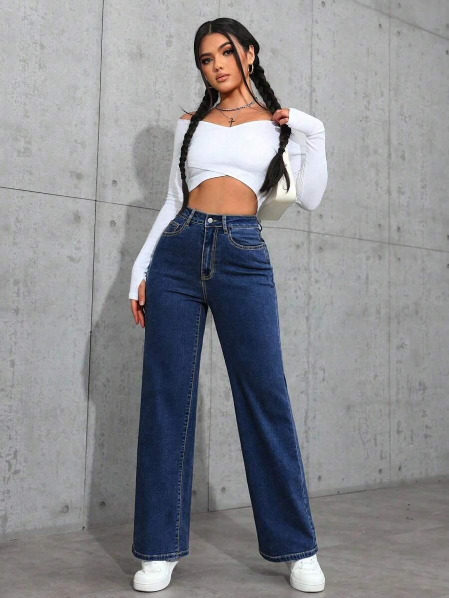 GRANATOWE SPODNIE JEANS PROSTA NOGAWKA