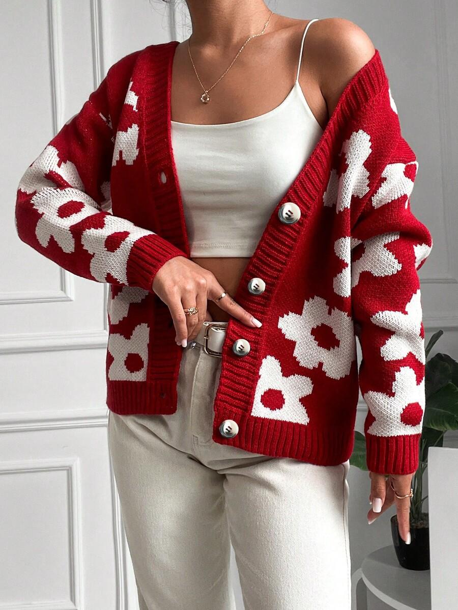 CZERWONY SWETER KWIATY 